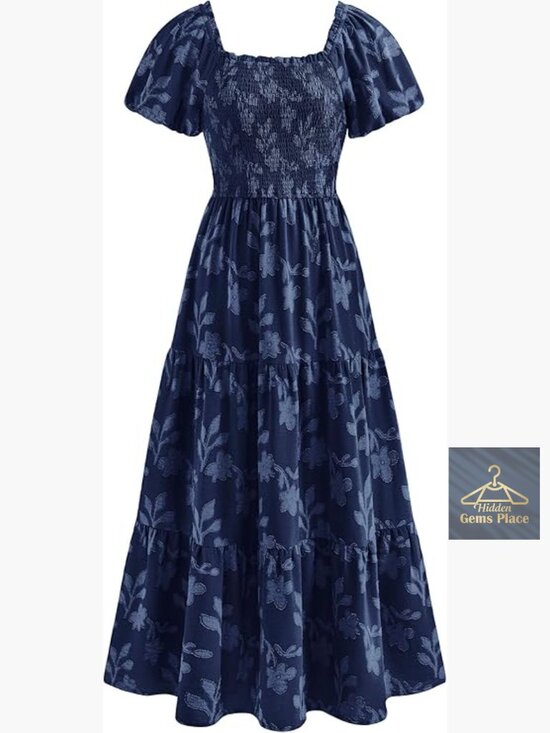 Dresses & Skirts - Boho Maxi Dress Floral Short Sleeve Square Neck Smocked Flowy Long Vacation